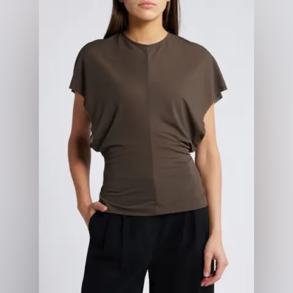 Faithfull the Brand Olive Brown Short Sleeve Ruched Waist Top